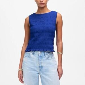 NWT Madewell Smocked Boatneck Tank Cotton-Linen Blend Sapphire Blue Size Small